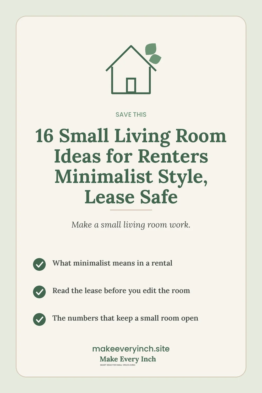 Save-this Pinterest pin with a short checklist for: 16 Small Living Room Ideas for Renters Minimalist Style, Lease Safe