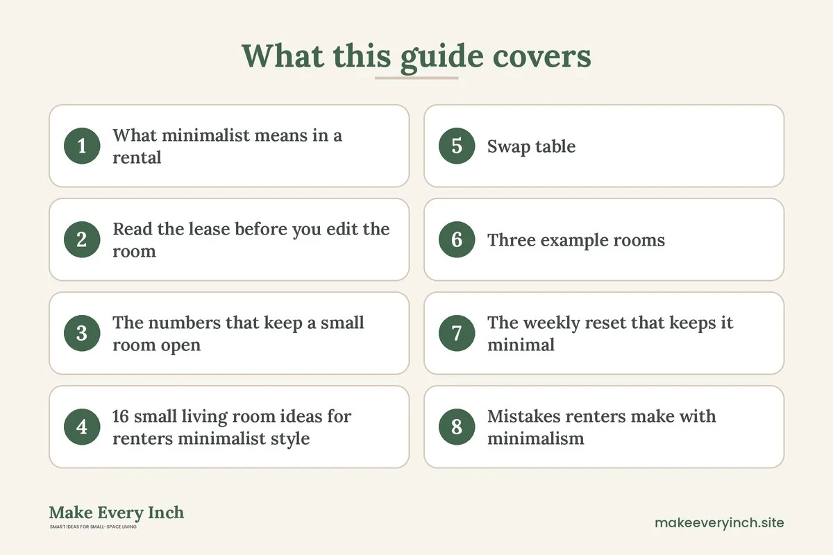 Graphic listing 8 topics covered in: 16 Small Living Room Ideas for Renters Minimalist Style, Lease Safe