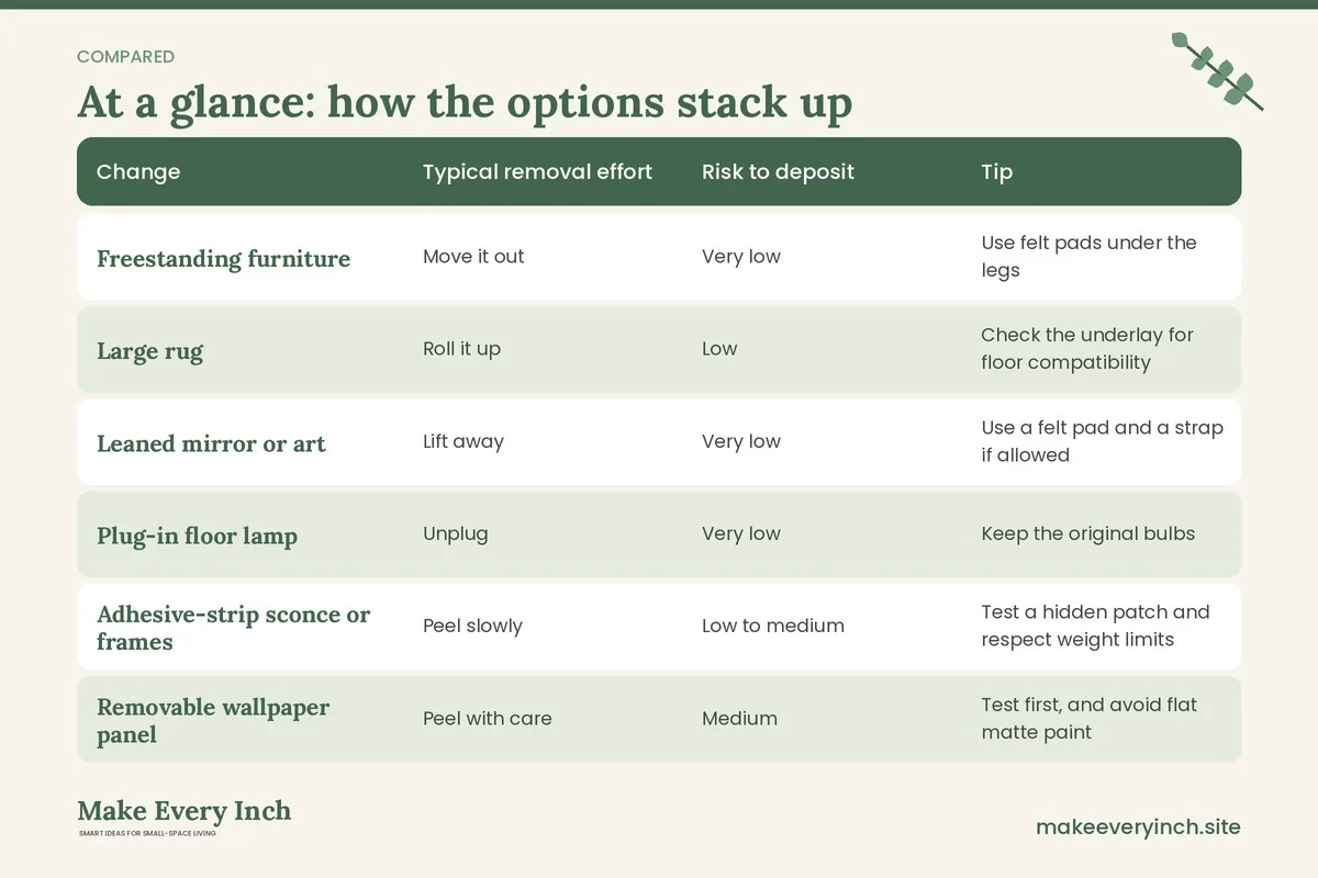 Comparison table of options for: 15 Small Living Room Ideas for Renters Modern Style Without Losing Your Deposit (Change, Typical removal effort, Risk to deposit, Tip)