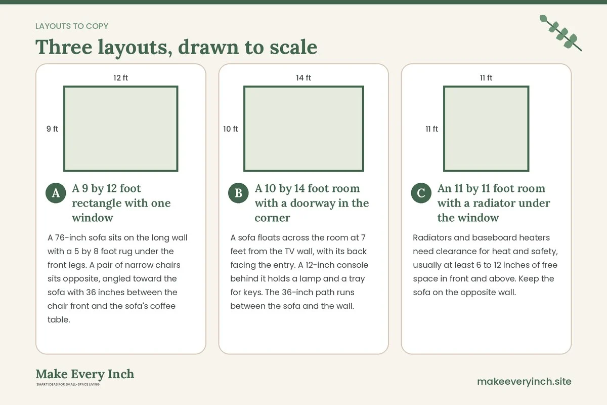 Three room layouts drawn to scale with dimensions and placement notes for: 15 Small Living Room Ideas for Renters Modern Style Without Losing Your Deposit