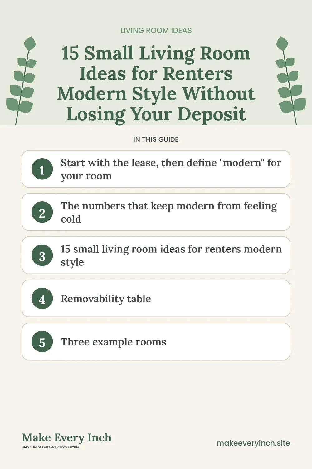 Pinterest pin listing the main topics in: 15 Small Living Room Ideas for Renters Modern Style Without Losing Your Deposit