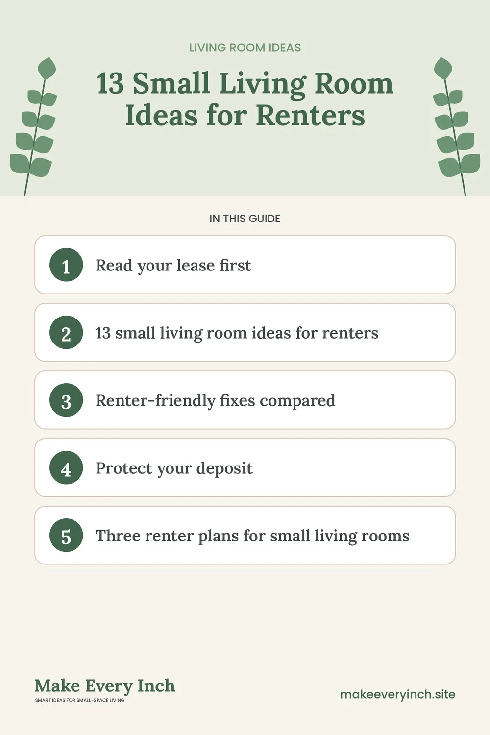 Pinterest pin listing the main topics in: 13 Small Living Room Ideas for Renters