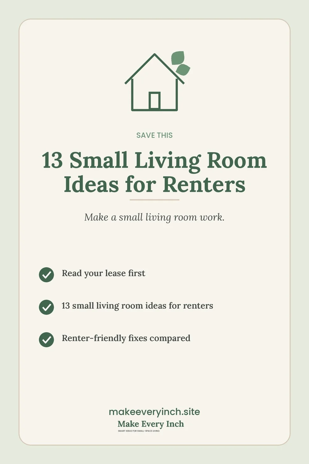 Save-this Pinterest pin with a short checklist for: 13 Small Living Room Ideas for Renters