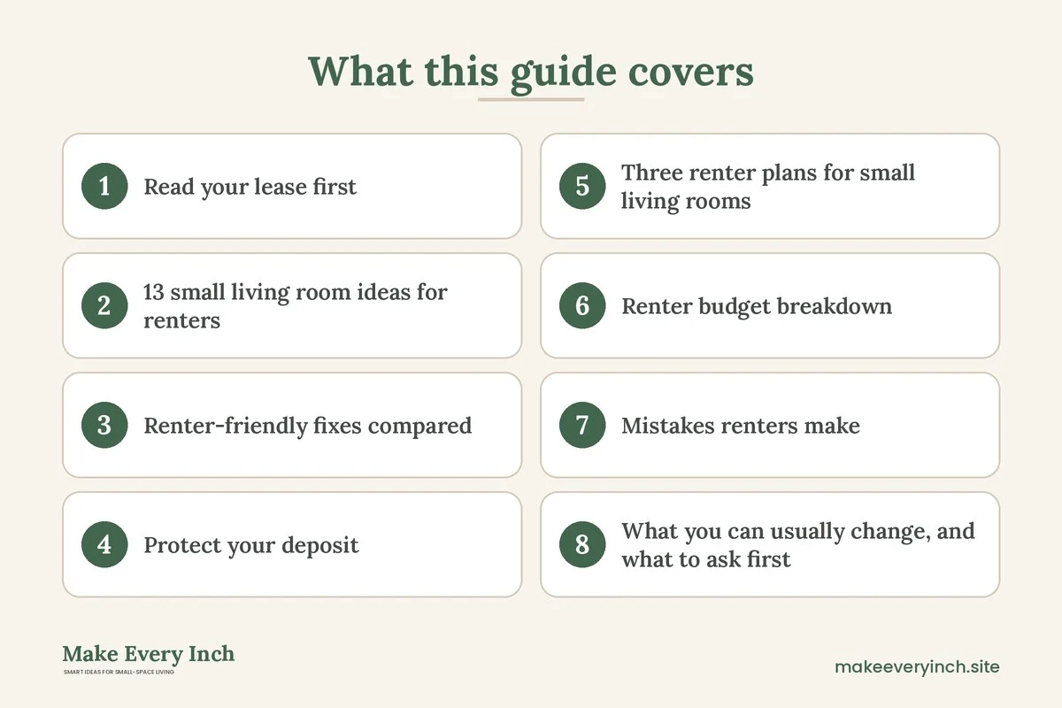 Graphic listing 8 topics covered in: 13 Small Living Room Ideas for Renters
