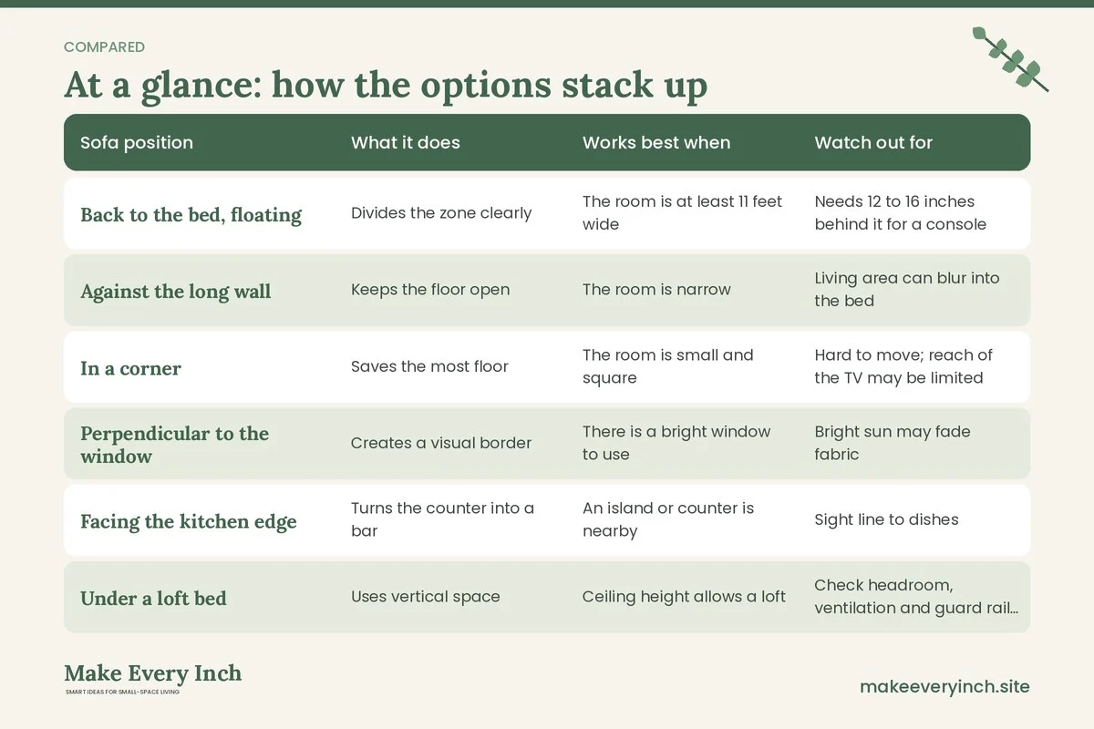 Comparison table of options for: 12 Small Living Room Ideas for Studio Apartments (Sofa position, What it does, Works best when, Watch out for)