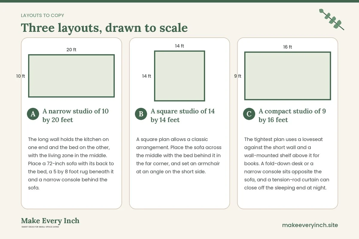 Three room layouts drawn to scale with dimensions and placement notes for: 12 Small Living Room Ideas for Studio Apartments