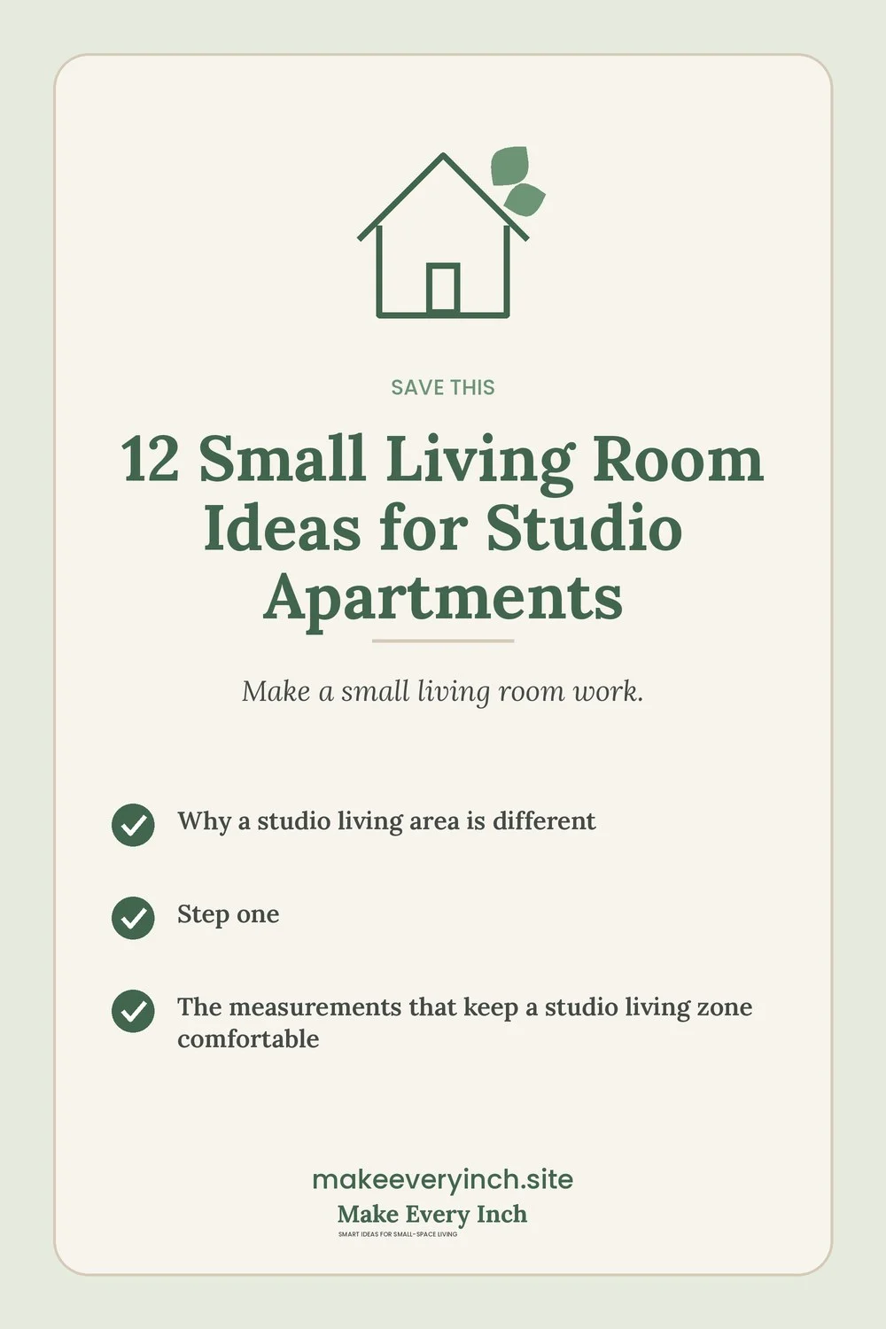 Save-this Pinterest pin with a short checklist for: 12 Small Living Room Ideas for Studio Apartments