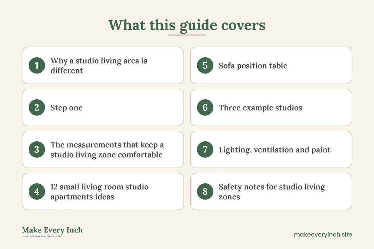 Graphic listing 8 topics covered in: 12 Small Living Room Ideas for Studio Apartments