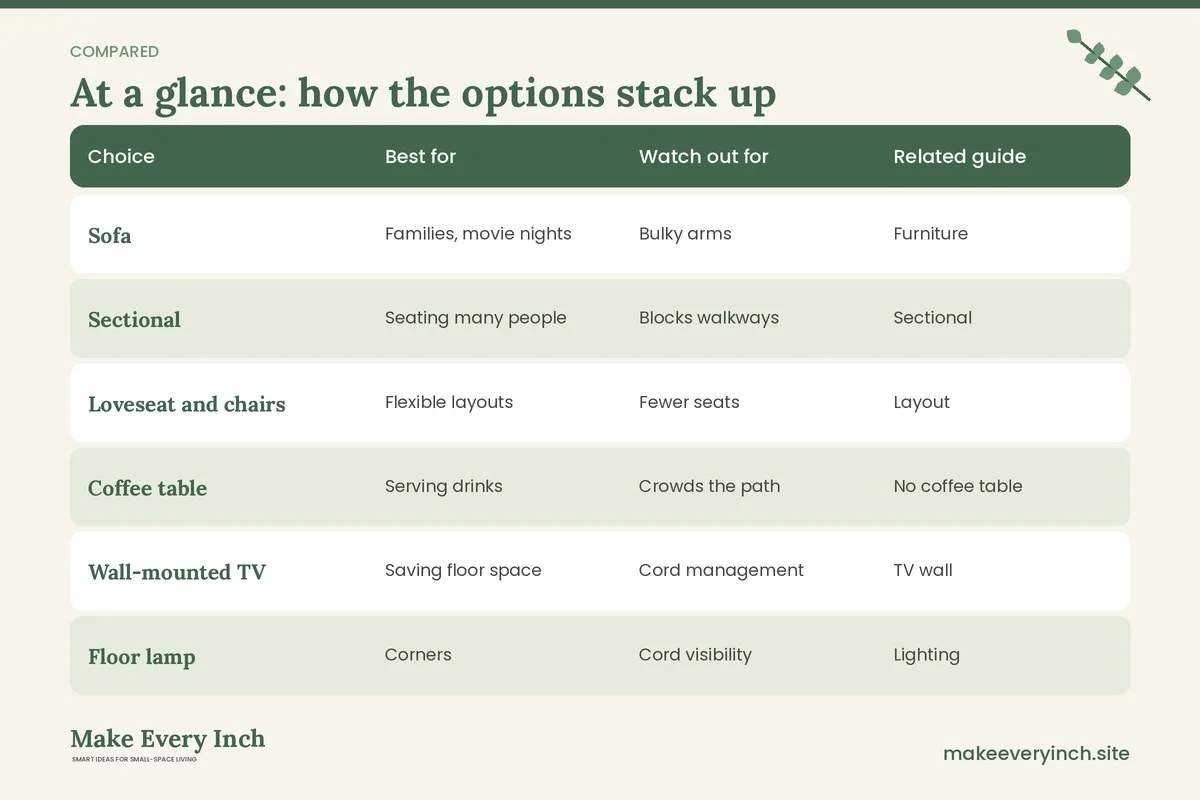 Comparison table of options for: 27 Small Living Room Ideas That Make a Tiny Space Feel Bigger (Choice, Best for, Watch out for, Related guide)