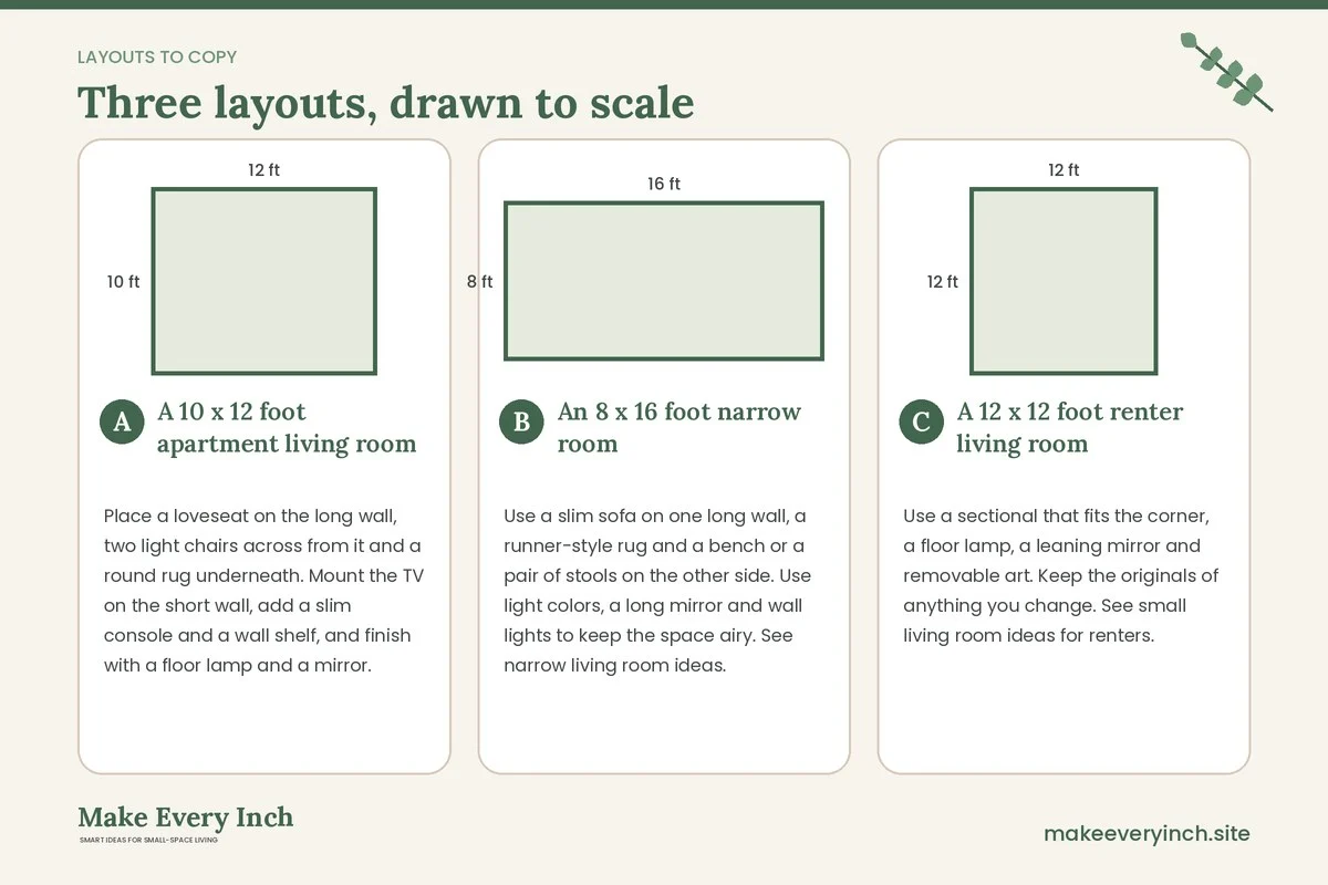 Three room layouts drawn to scale with dimensions and placement notes for: 27 Small Living Room Ideas That Make a Tiny Space Feel Bigger