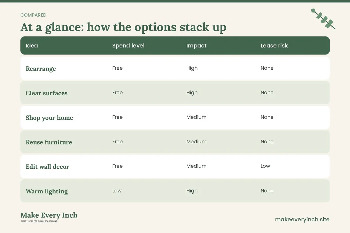 Comparison table of options for: 15 Small Living Room Ideas on a Budget You Can Do in Order of Impact (Idea, Spend level, Impact, Lease risk)