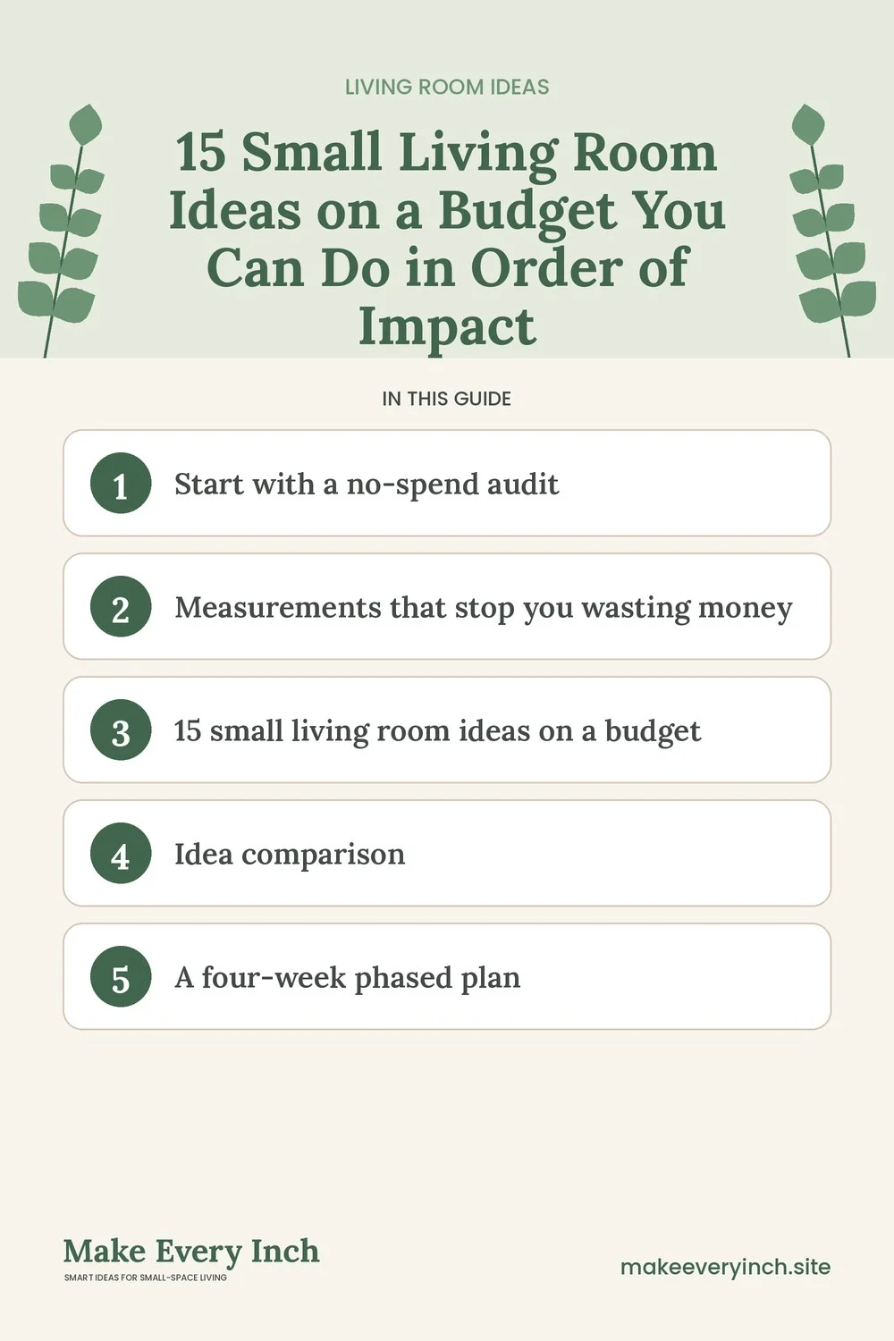 Pinterest pin listing the main topics in: 15 Small Living Room Ideas on a Budget You Can Do in Order of Impact