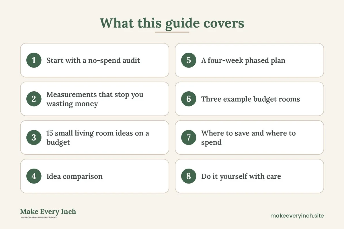 Graphic listing 8 topics covered in: 15 Small Living Room Ideas on a Budget You Can Do in Order of Impact
