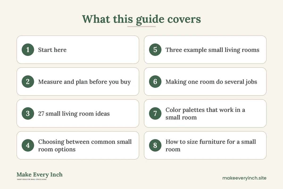 Graphic listing 8 topics covered in: 27 Small Living Room Ideas That Make a Tiny Space Feel Bigger