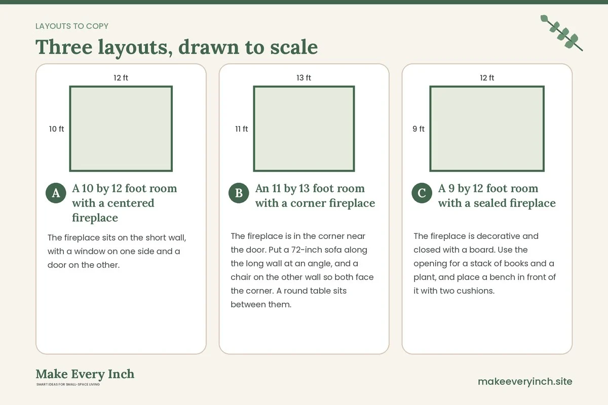 Three room layouts drawn to scale with dimensions and placement notes for: 12 Small Living Room Ideas with a Fireplace