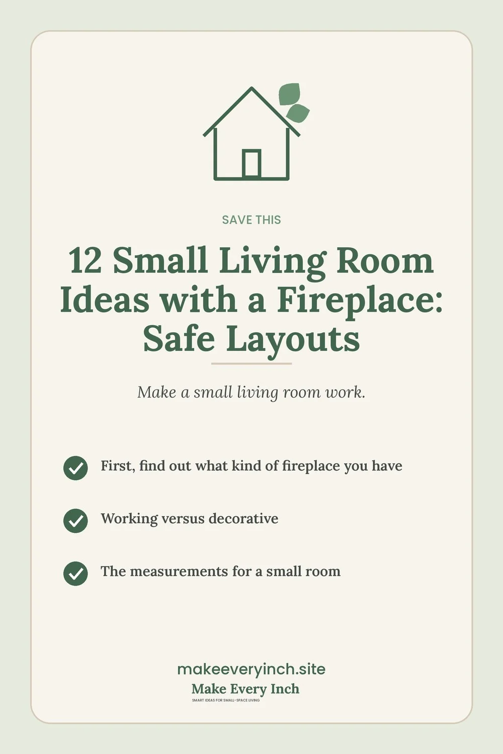 Save-this Pinterest pin with a short checklist for: 12 Small Living Room Ideas with a Fireplace