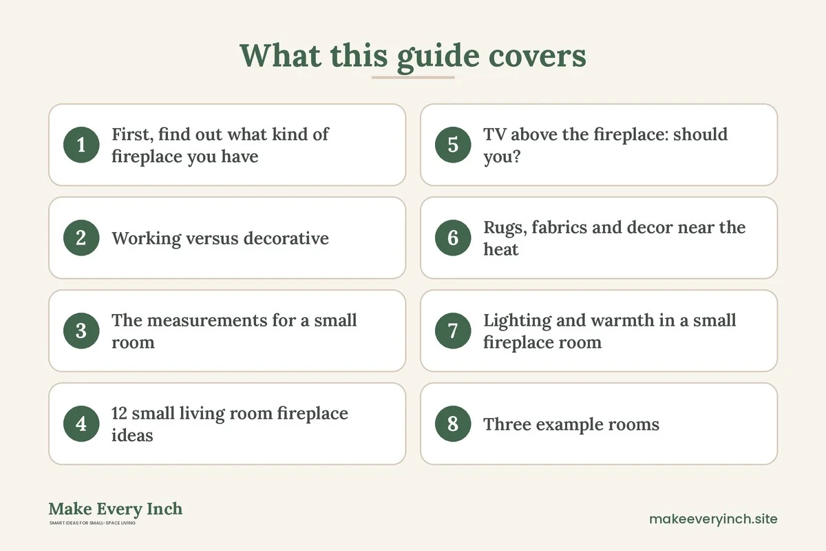 Graphic listing 8 topics covered in: 12 Small Living Room Ideas with a Fireplace