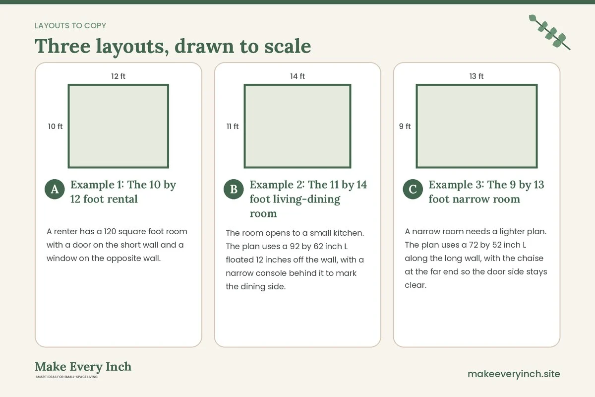 Three room layouts drawn to scale with dimensions and placement notes for: 15 Small Living Room Ideas With a Sectional Budget Can Handle