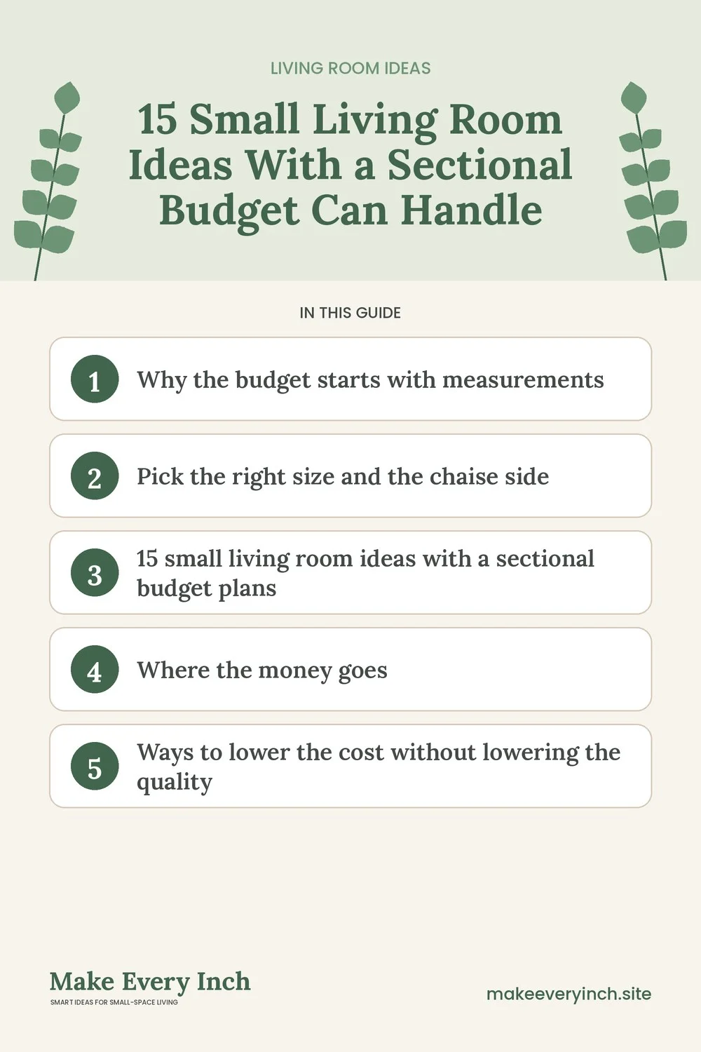 Pinterest pin listing the main topics in: 15 Small Living Room Ideas With a Sectional Budget Can Handle