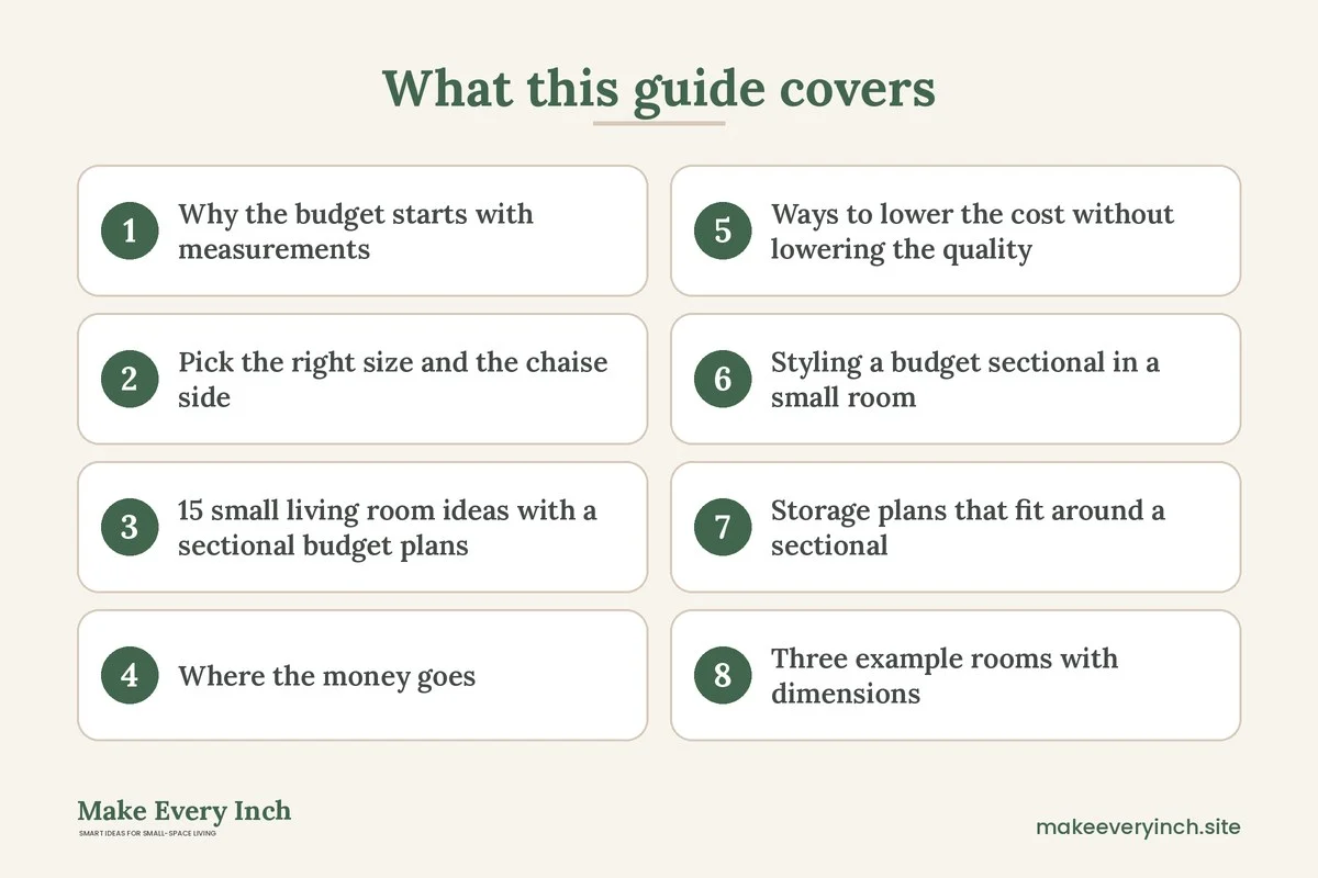 Graphic listing 8 topics covered in: 15 Small Living Room Ideas With a Sectional Budget Can Handle