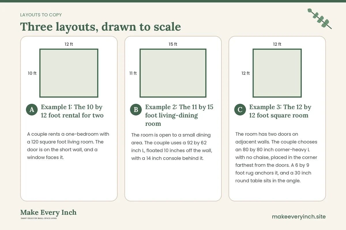 Three room layouts drawn to scale with dimensions and placement notes for: 14 Small Living Room Ideas With a Sectional for Couples