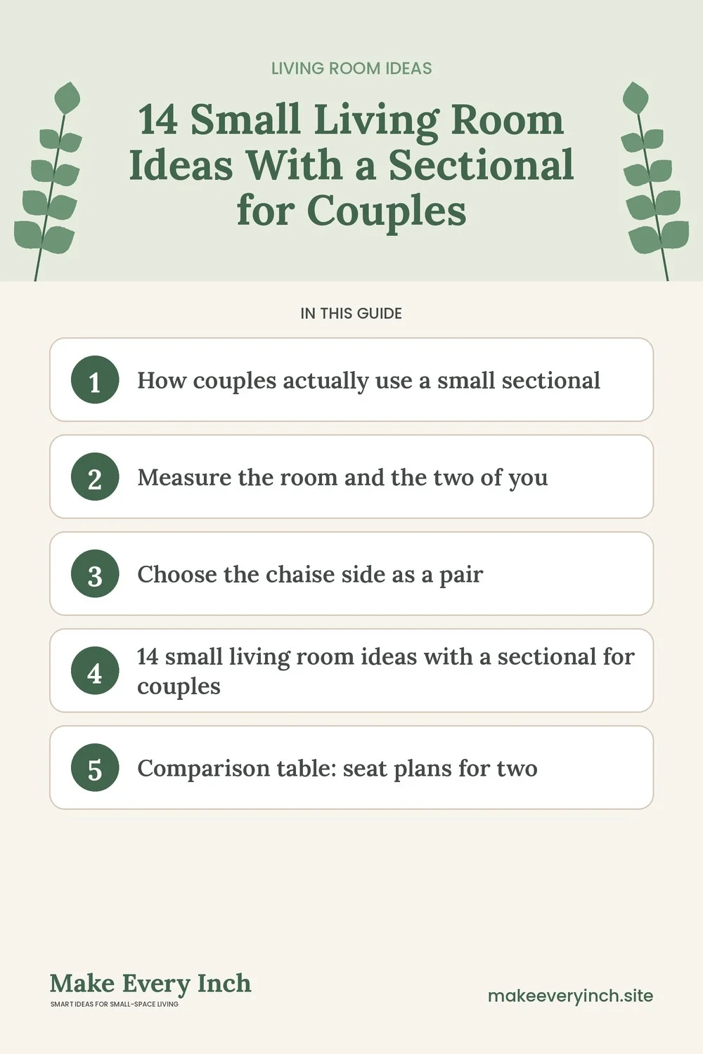 Pinterest pin listing the main topics in: 14 Small Living Room Ideas With a Sectional for Couples