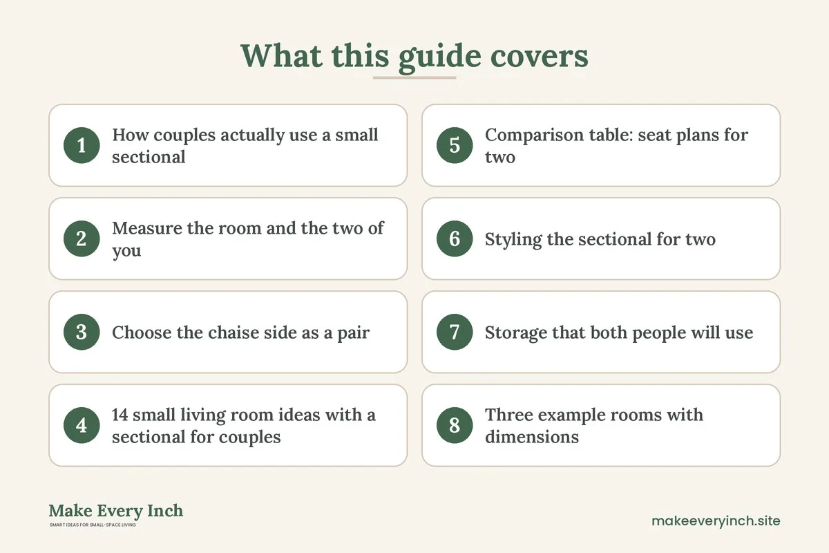 Graphic listing 8 topics covered in: 14 Small Living Room Ideas With a Sectional for Couples