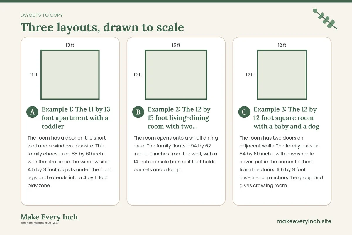 Three room layouts drawn to scale with dimensions and placement notes for: 14 Small Living Room Ideas With a Sectional for Families