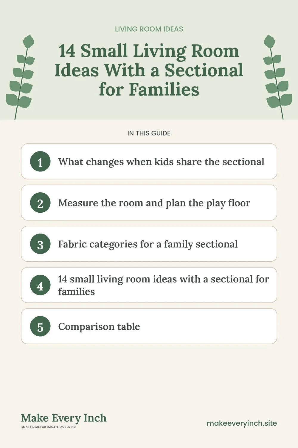 Pinterest pin listing the main topics in: 14 Small Living Room Ideas With a Sectional for Families