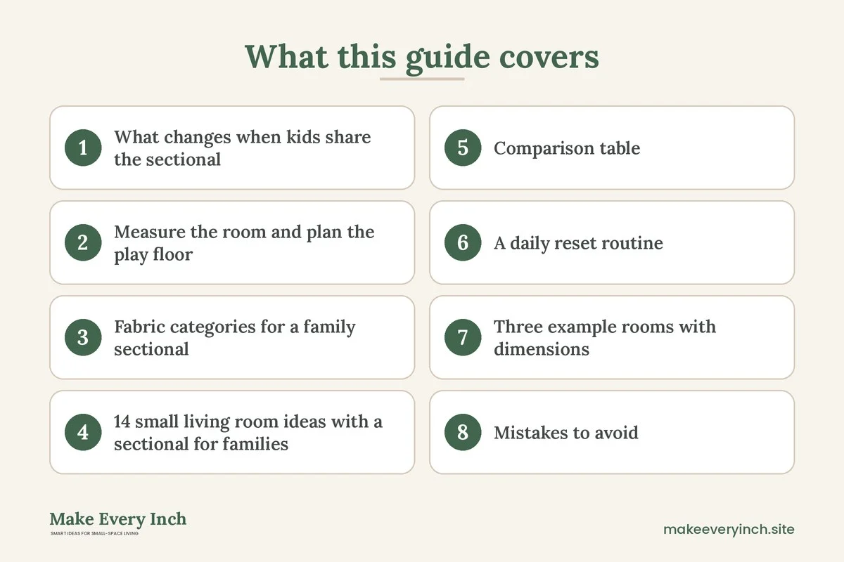 Graphic listing 8 topics covered in: 14 Small Living Room Ideas With a Sectional for Families