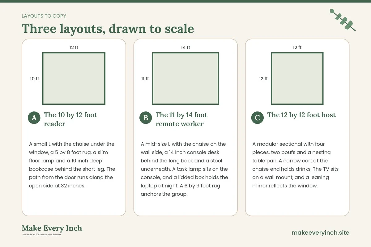 Three room layouts drawn to scale with dimensions and placement notes for: Small Living Room Ideas With a Sectional for Women