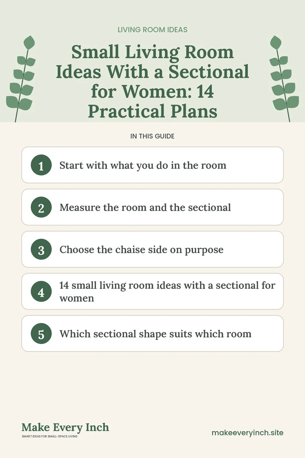 Pinterest pin listing the main topics in: Small Living Room Ideas With a Sectional for Women
