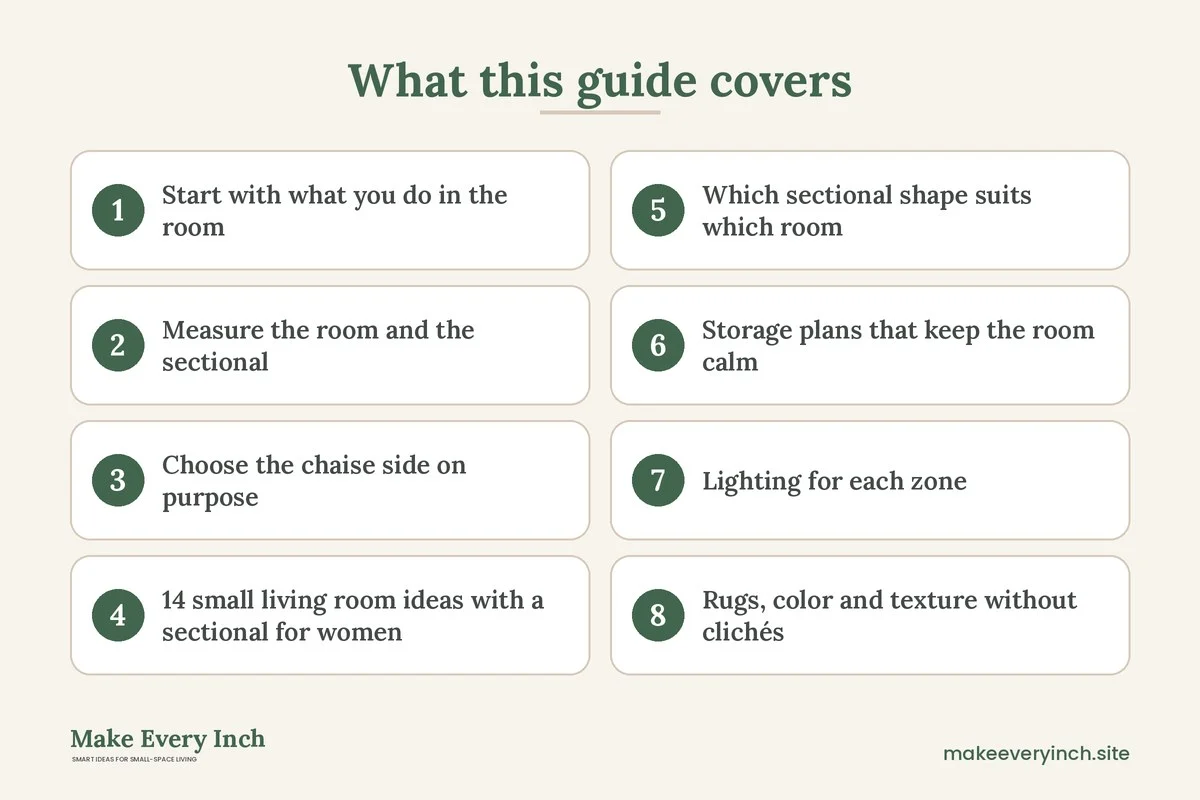Graphic listing 8 topics covered in: Small Living Room Ideas With a Sectional for Women