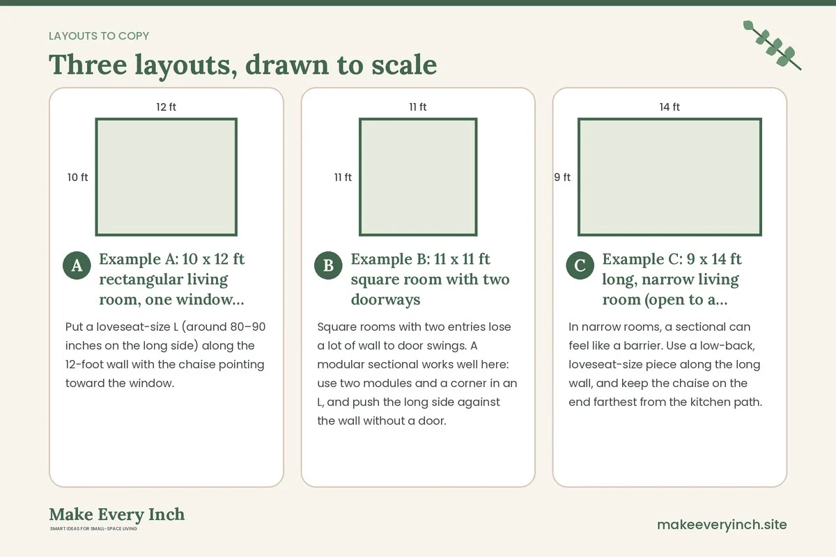 Three room layouts drawn to scale with dimensions and placement notes for: Small Living Room Ideas With a Sectional