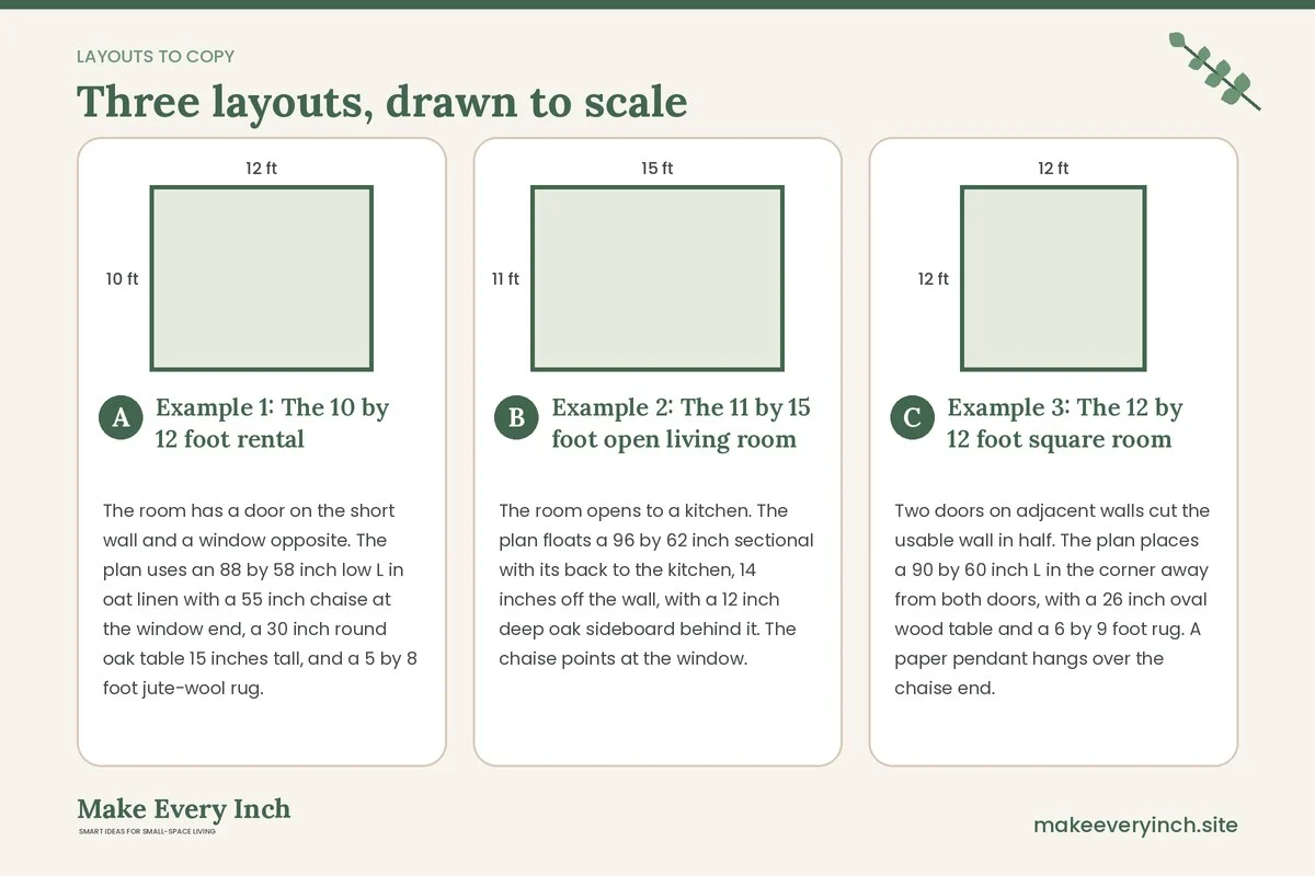 Three room layouts drawn to scale with dimensions and placement notes for: 15 Small Living Room Ideas With a Sectional Japandi Style Makes Easy