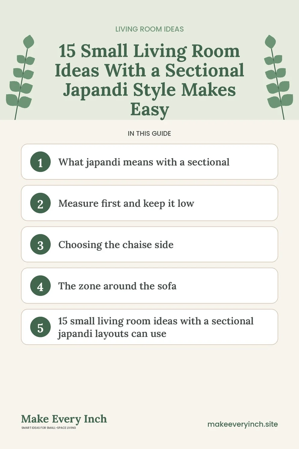 Pinterest pin listing the main topics in: 15 Small Living Room Ideas With a Sectional Japandi Style Makes Easy