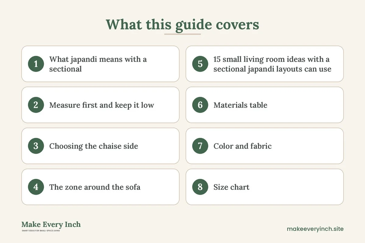 Graphic listing 8 topics covered in: 15 Small Living Room Ideas With a Sectional Japandi Style Makes Easy