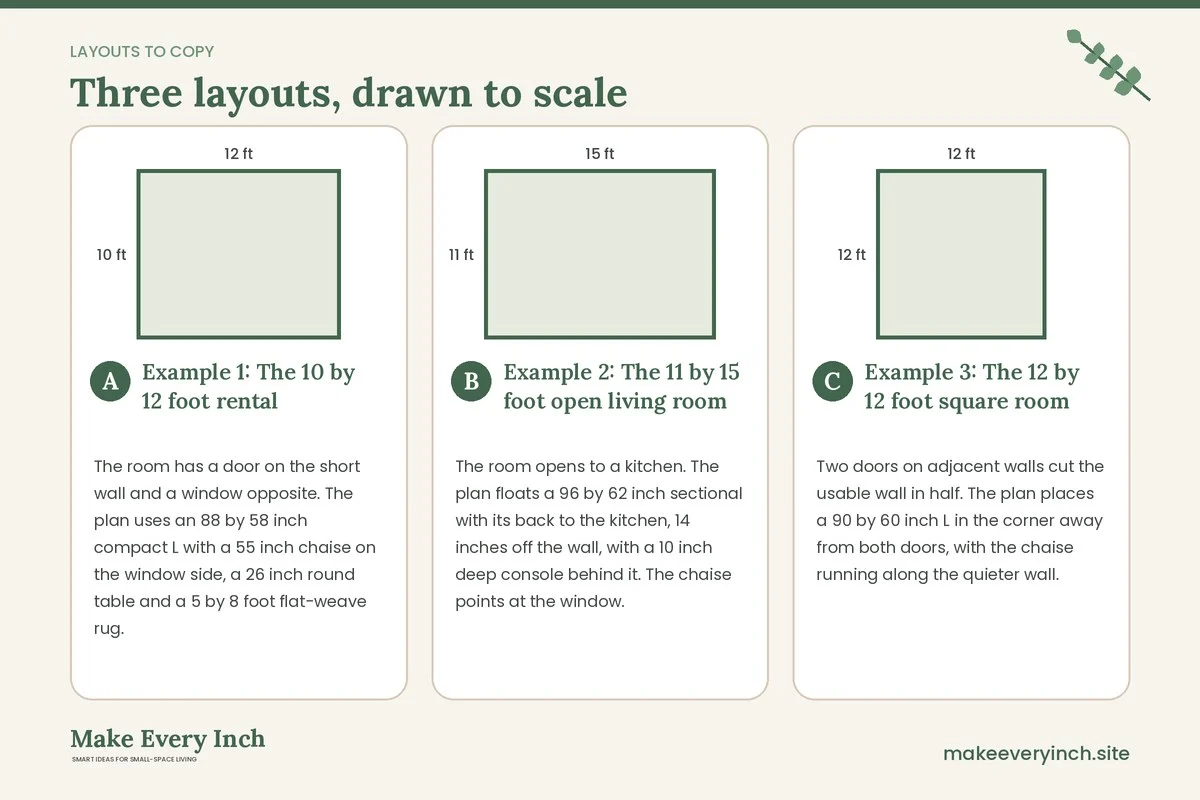 Three room layouts drawn to scale with dimensions and placement notes for: 15 Small Living Room Ideas With a Sectional Minimalist Rooms Love