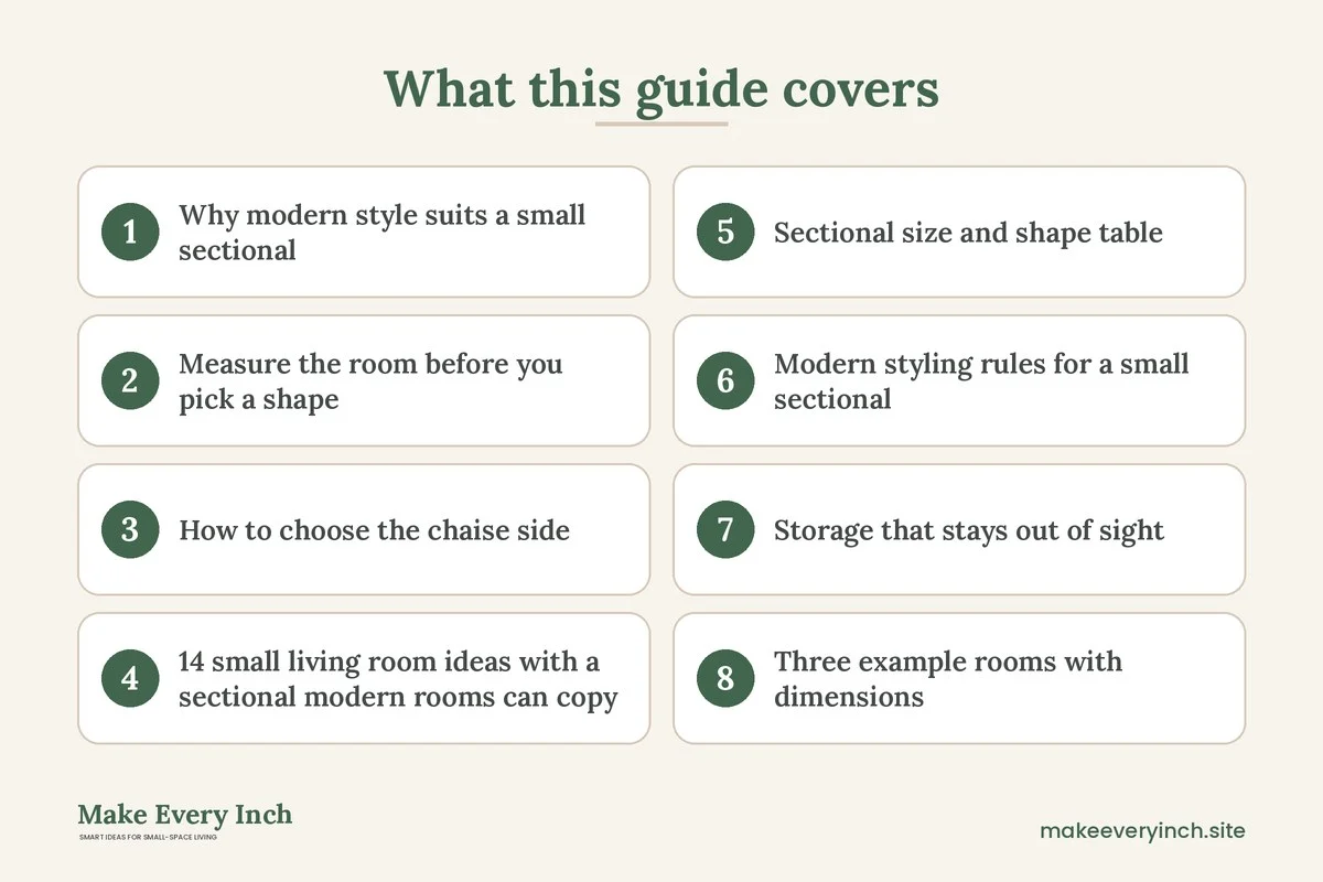 Graphic listing 8 topics covered in: 14 Small Living Room Ideas With a Sectional Modern Rooms Can Copy
