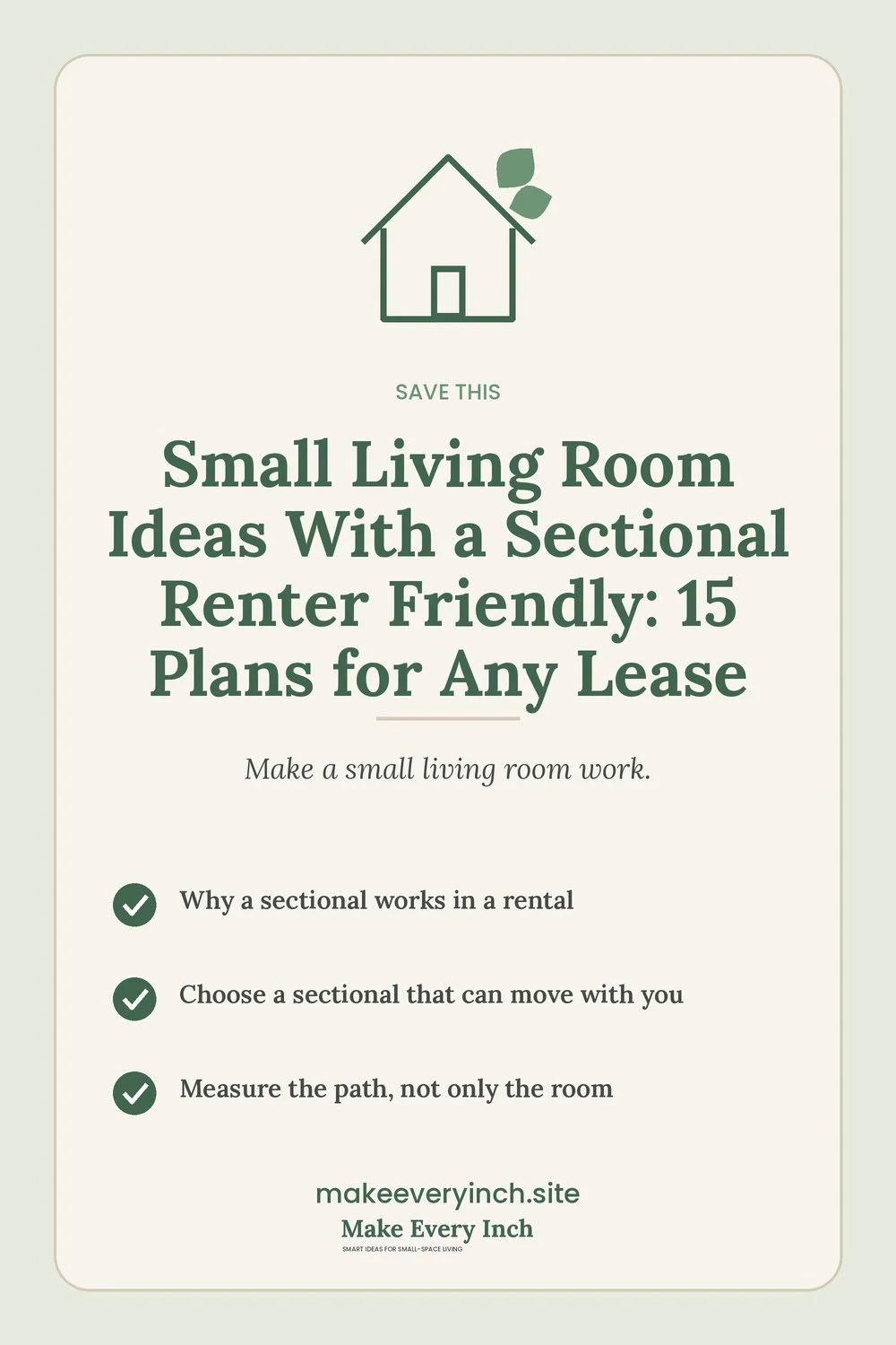 Save-this Pinterest pin with a short checklist for: Small Living Room Ideas With a Sectional Renter Friendly