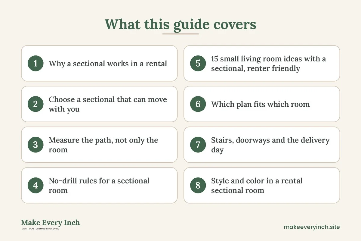 Graphic listing 8 topics covered in: Small Living Room Ideas With a Sectional Renter Friendly