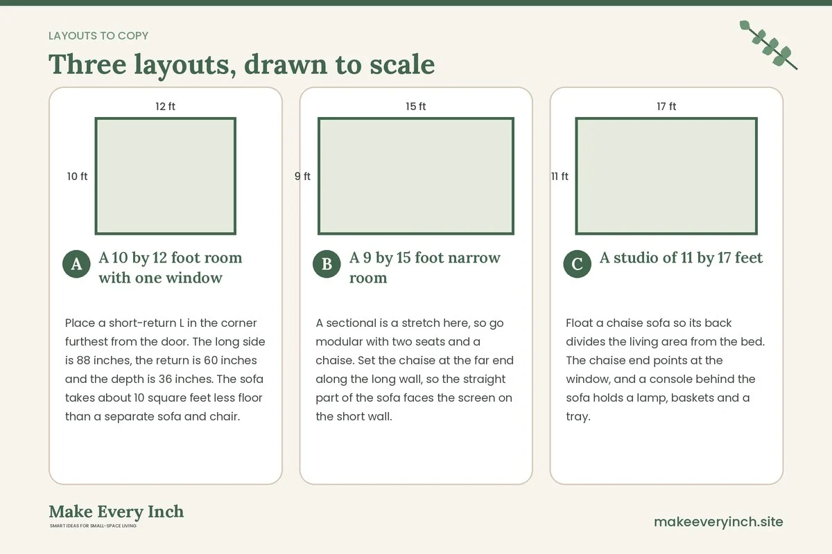 Three room layouts drawn to scale with dimensions and placement notes for: Small Living Room Ideas with a Sectional Sofa That Fit