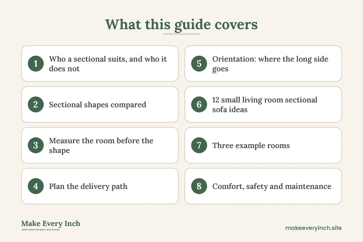 Graphic listing 8 topics covered in: Small Living Room Ideas with a Sectional Sofa That Fit