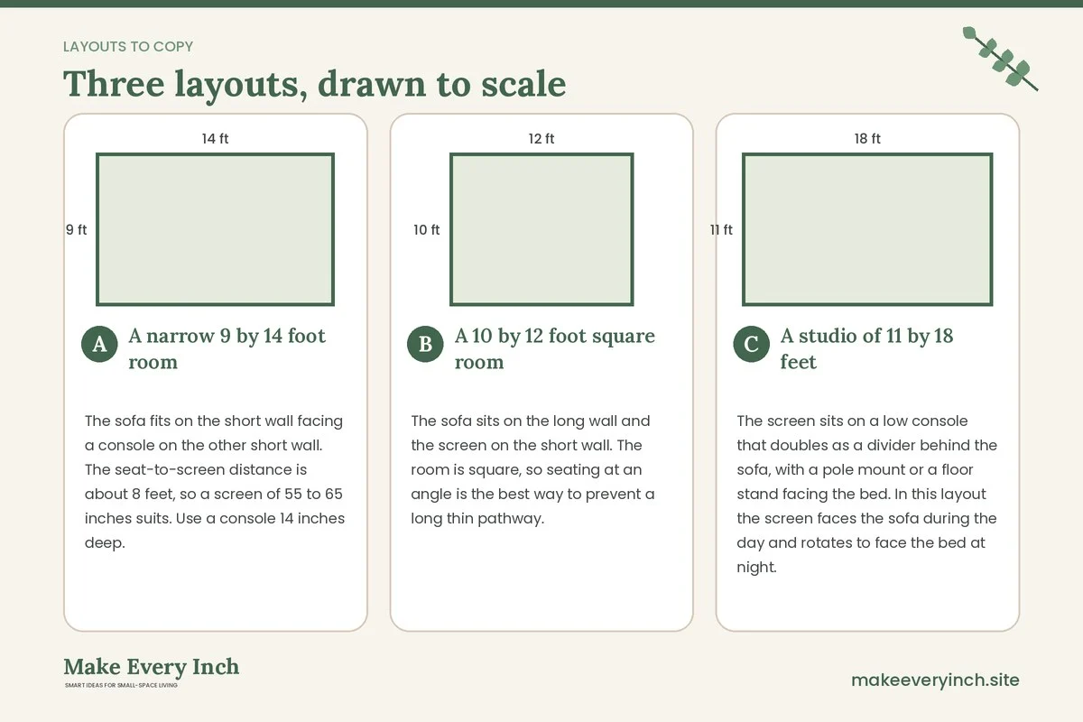Three room layouts drawn to scale with dimensions and placement notes for: 12 Small Living Room Ideas with a TV That Still Feel Livable