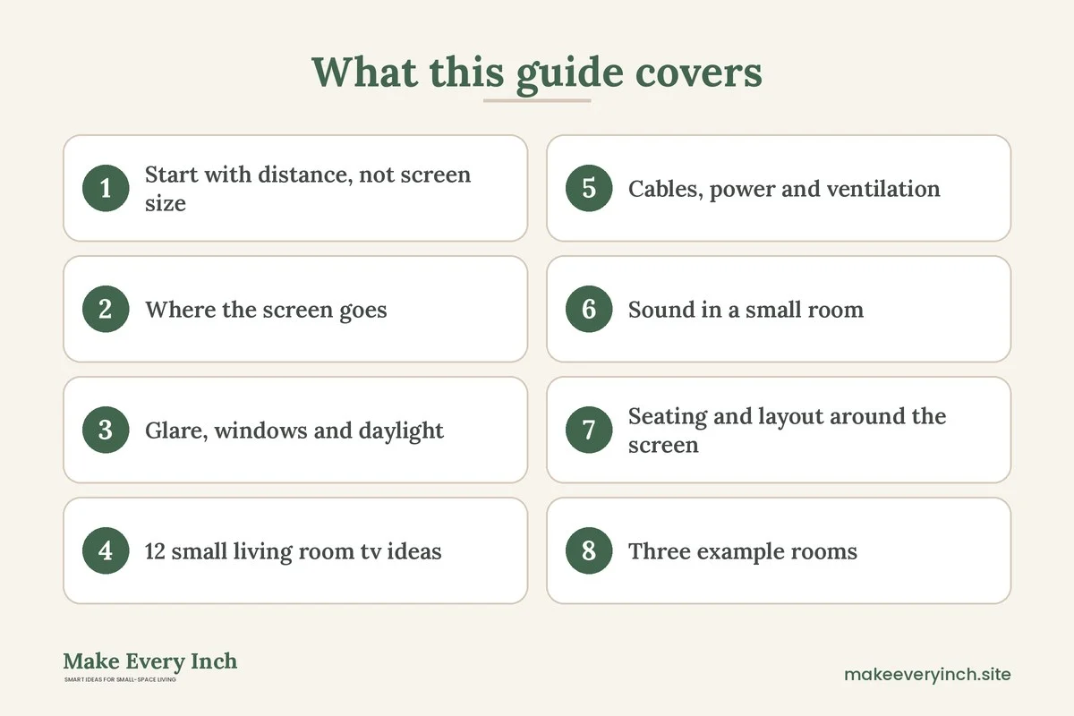 Graphic listing 8 topics covered in: 12 Small Living Room Ideas with a TV That Still Feel Livable