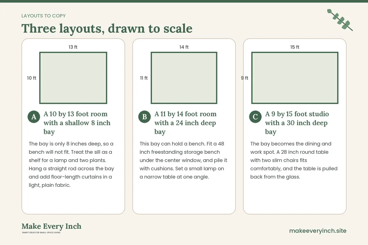 Three room layouts drawn to scale with dimensions and placement notes for: 12 Small Living Room Ideas with Bay Windows