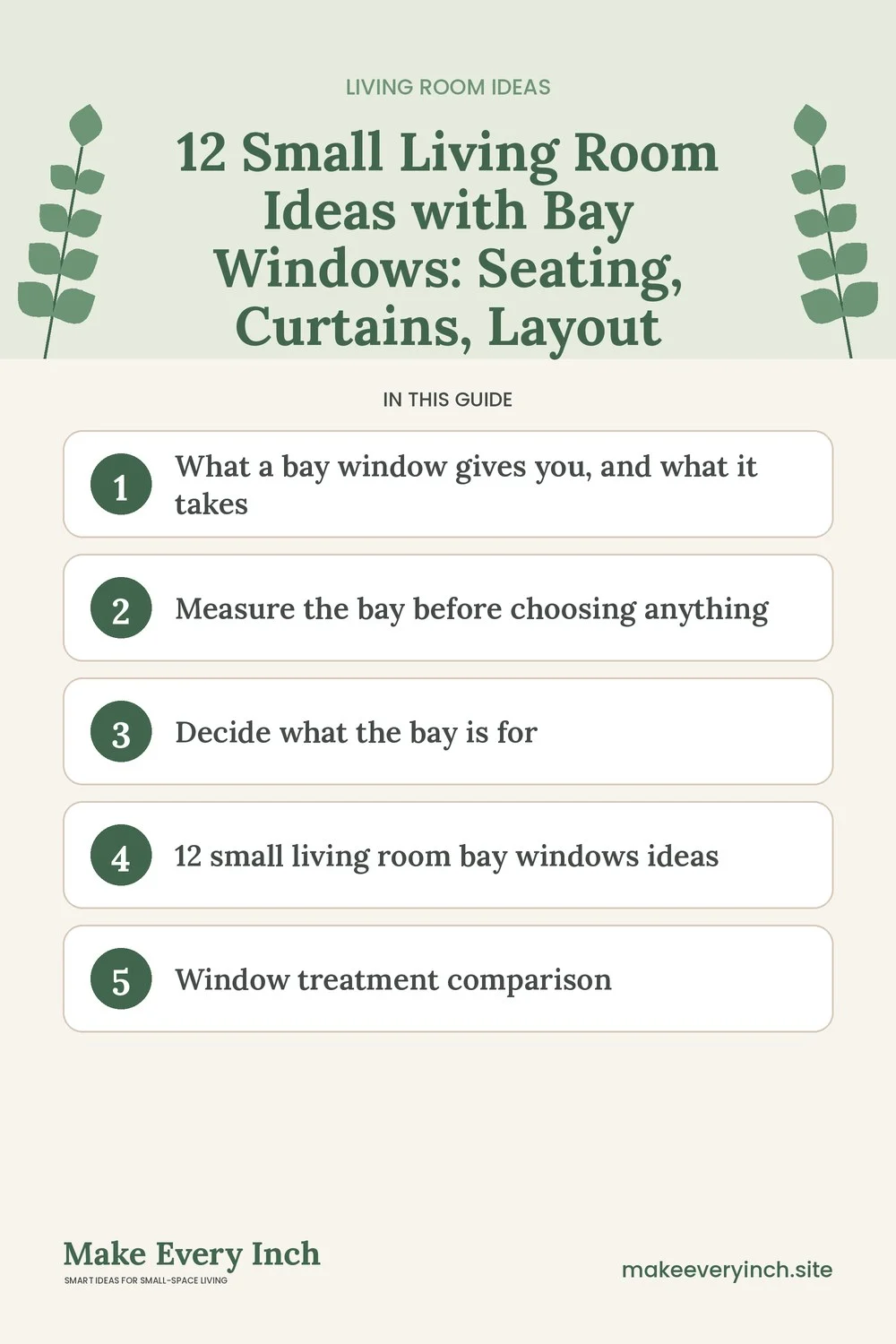 Pinterest pin listing the main topics in: 12 Small Living Room Ideas with Bay Windows