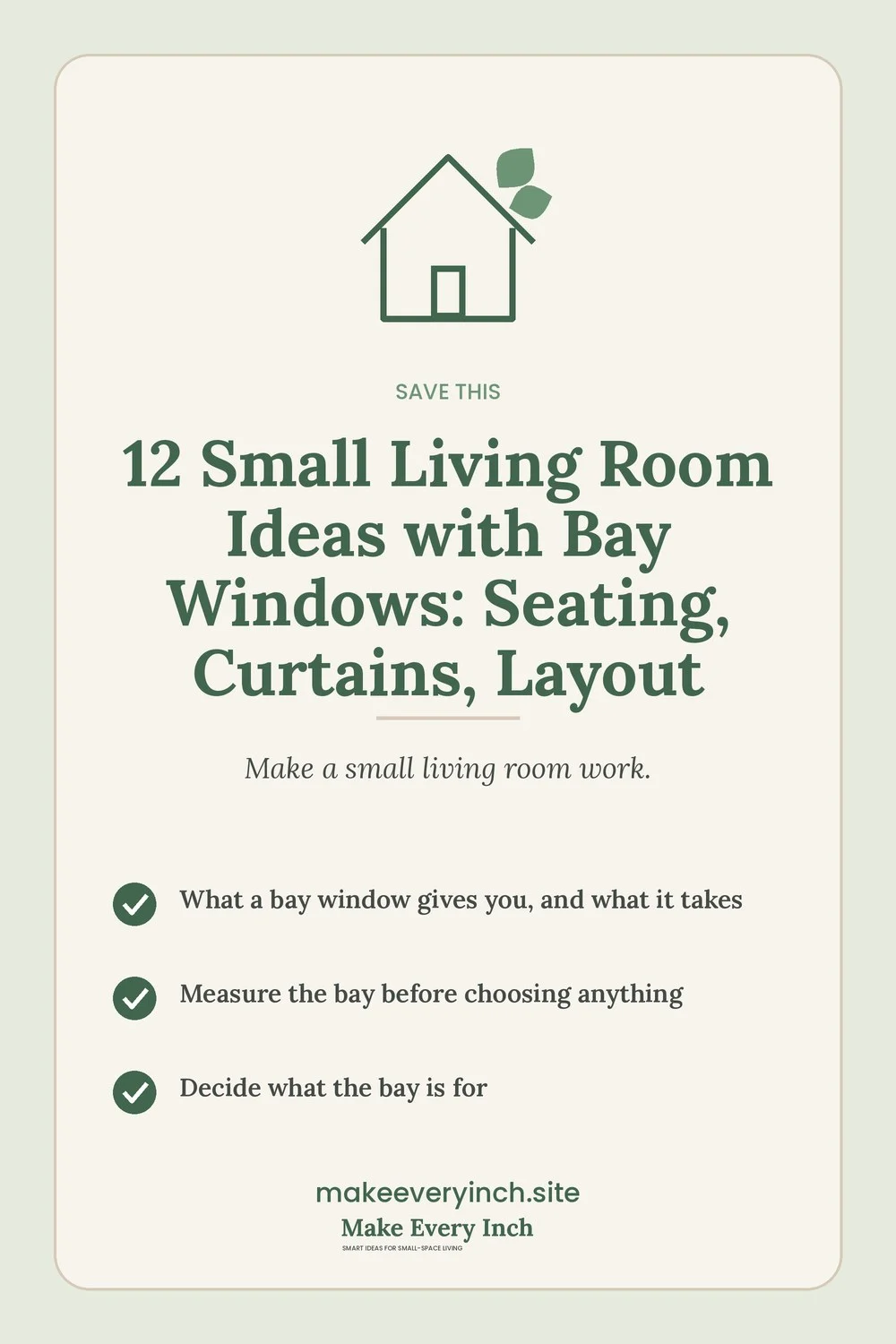 Save-this Pinterest pin with a short checklist for: 12 Small Living Room Ideas with Bay Windows