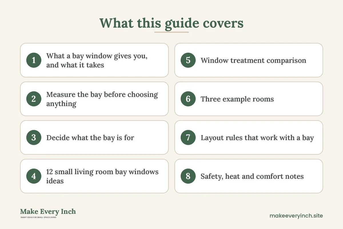 Graphic listing 8 topics covered in: 12 Small Living Room Ideas with Bay Windows