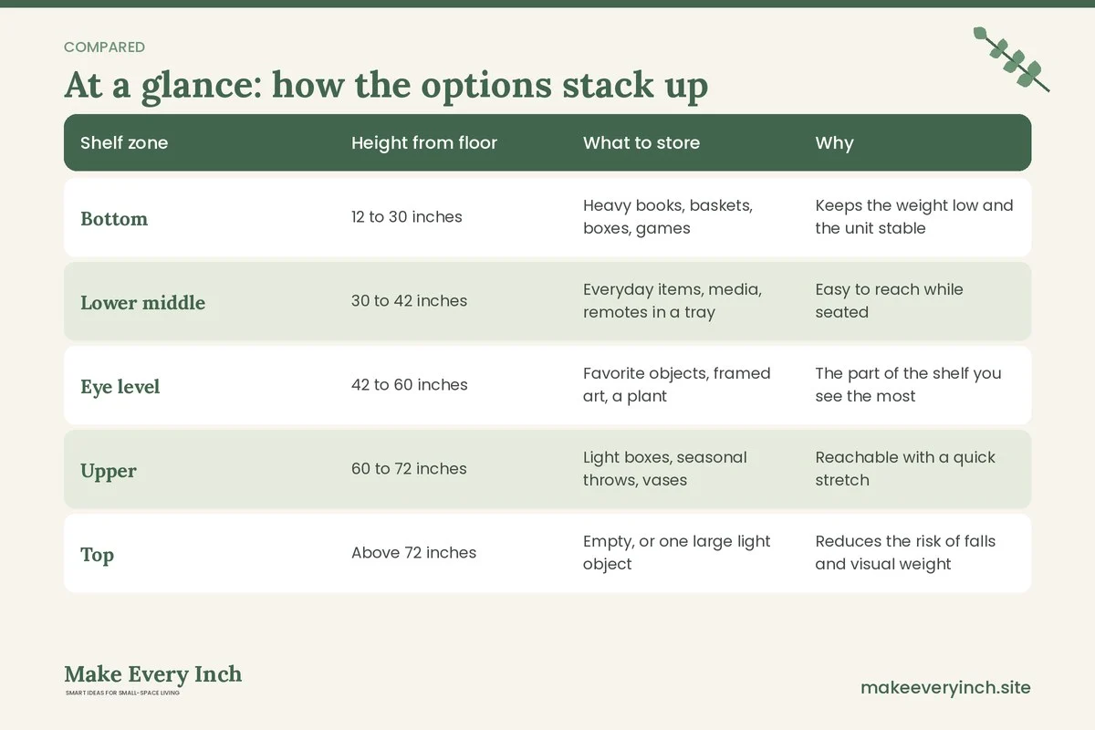 Comparison table of options for: 15 Small Living Room Ideas with Open Shelving That Stay Tidy (Shelf zone, Height from floor, What to store, Why)